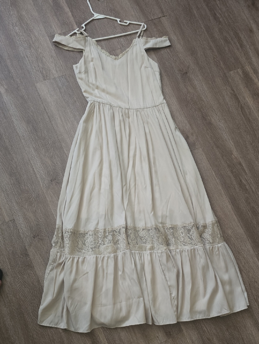 Joyfolie Cream Off-Shoulder Lace Trim Maxi Dress